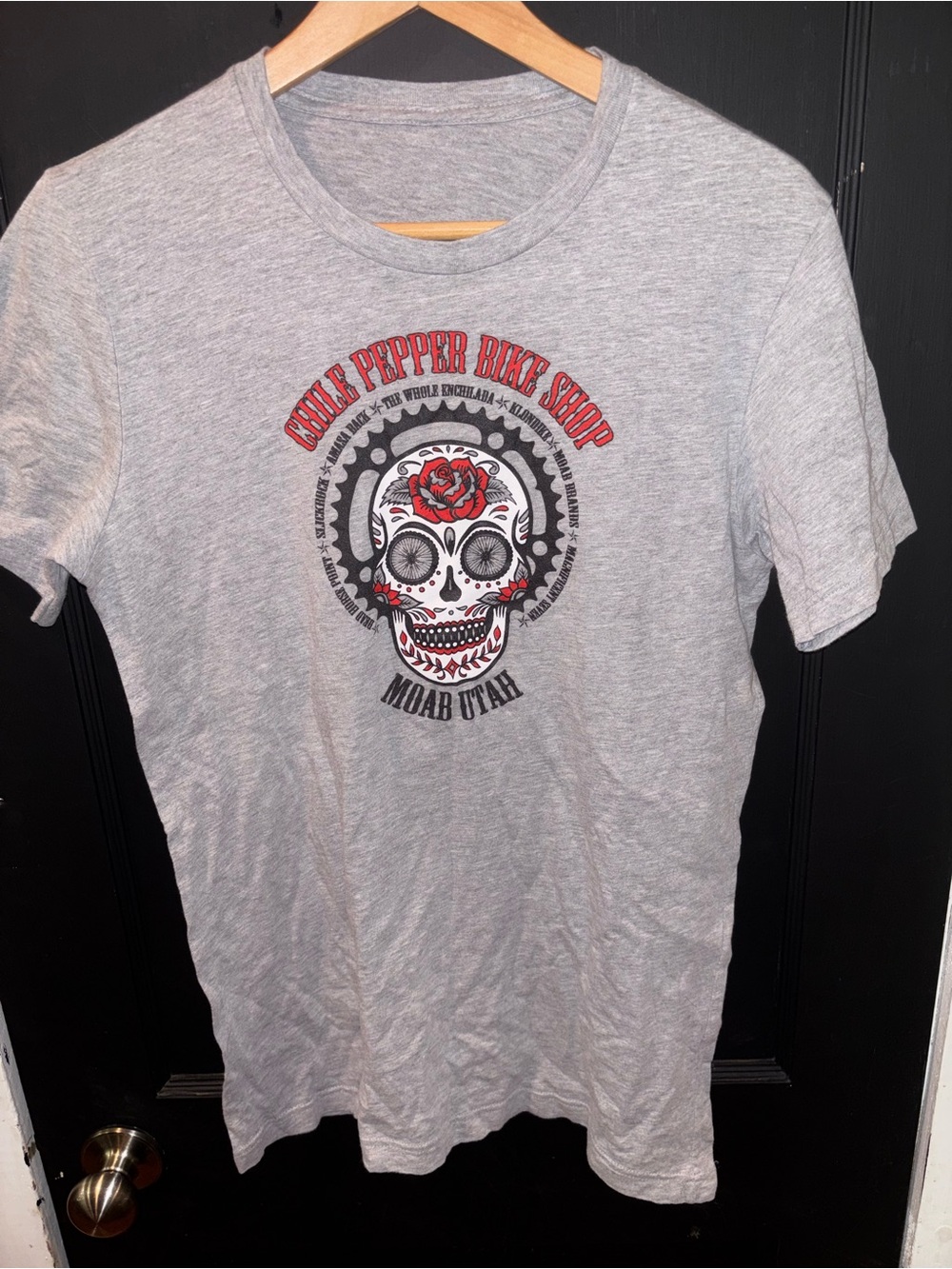 Chile Pepper Bike Shop Moab Utah Sugar Skull Bike Graphic Tee Gray Medium